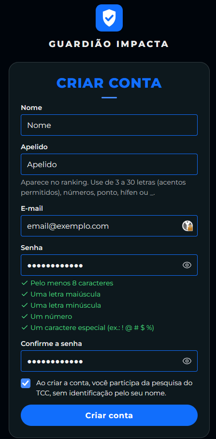 Formulário de cadastro com regras de senha e o aceite de participação na pesquisa