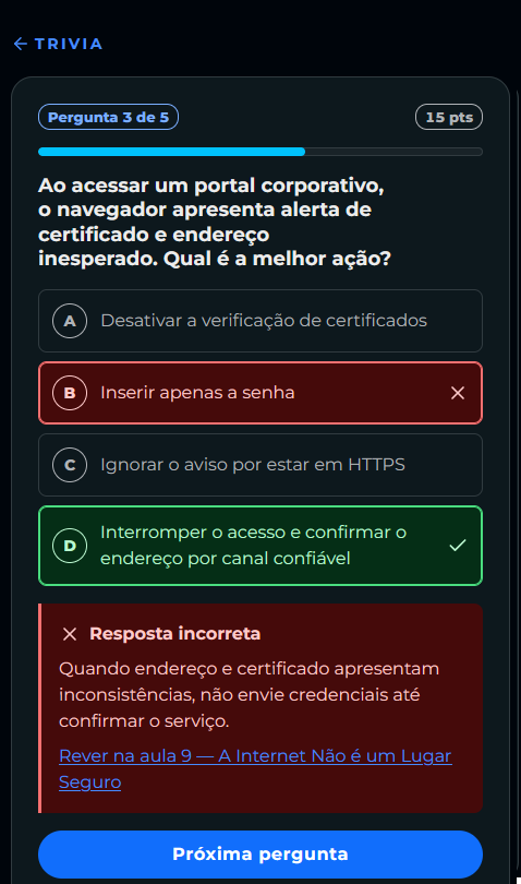 Pergunta da trivia respondida errado, com a explicação e o link Rever na aula 9